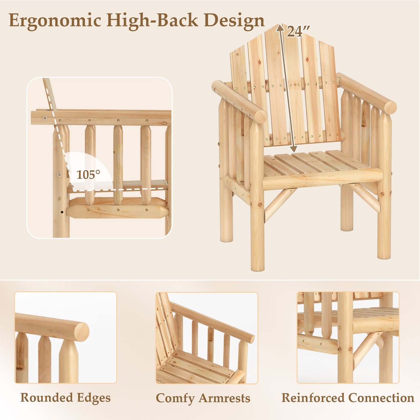 Wooden Armchair with High Back and Armrests - Natural Pine