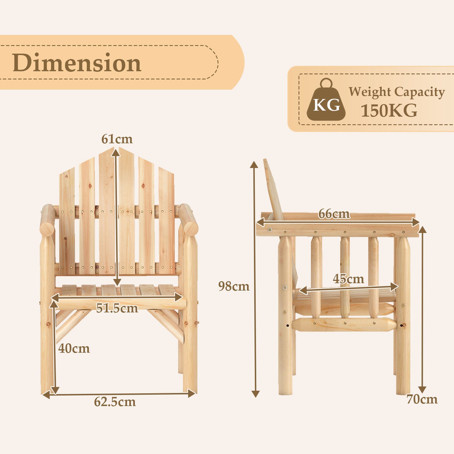 Wooden Armchair with High Back and Armrests - Natural Pine
