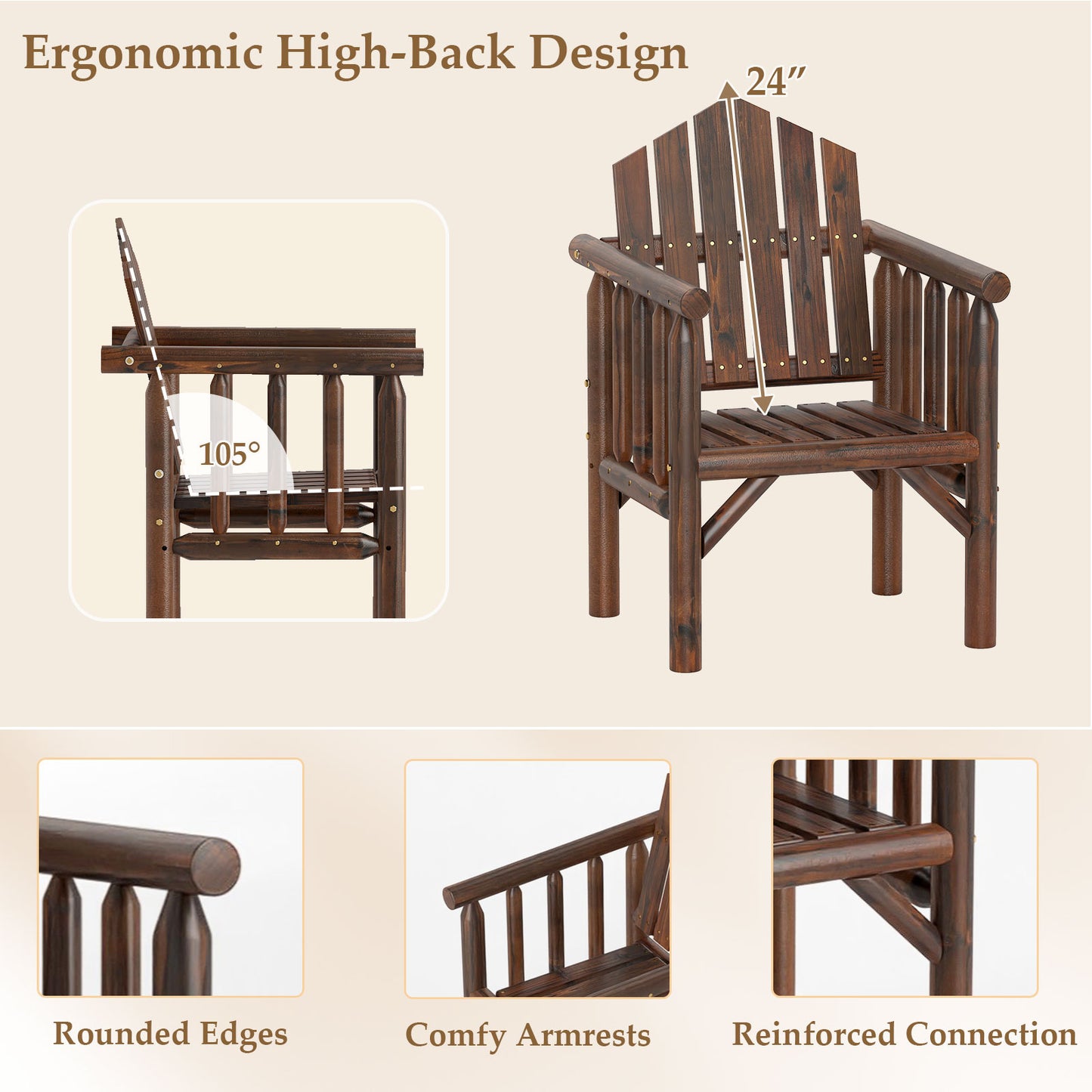 Wooden Armchair with High Back and Armrests - Natural Pine