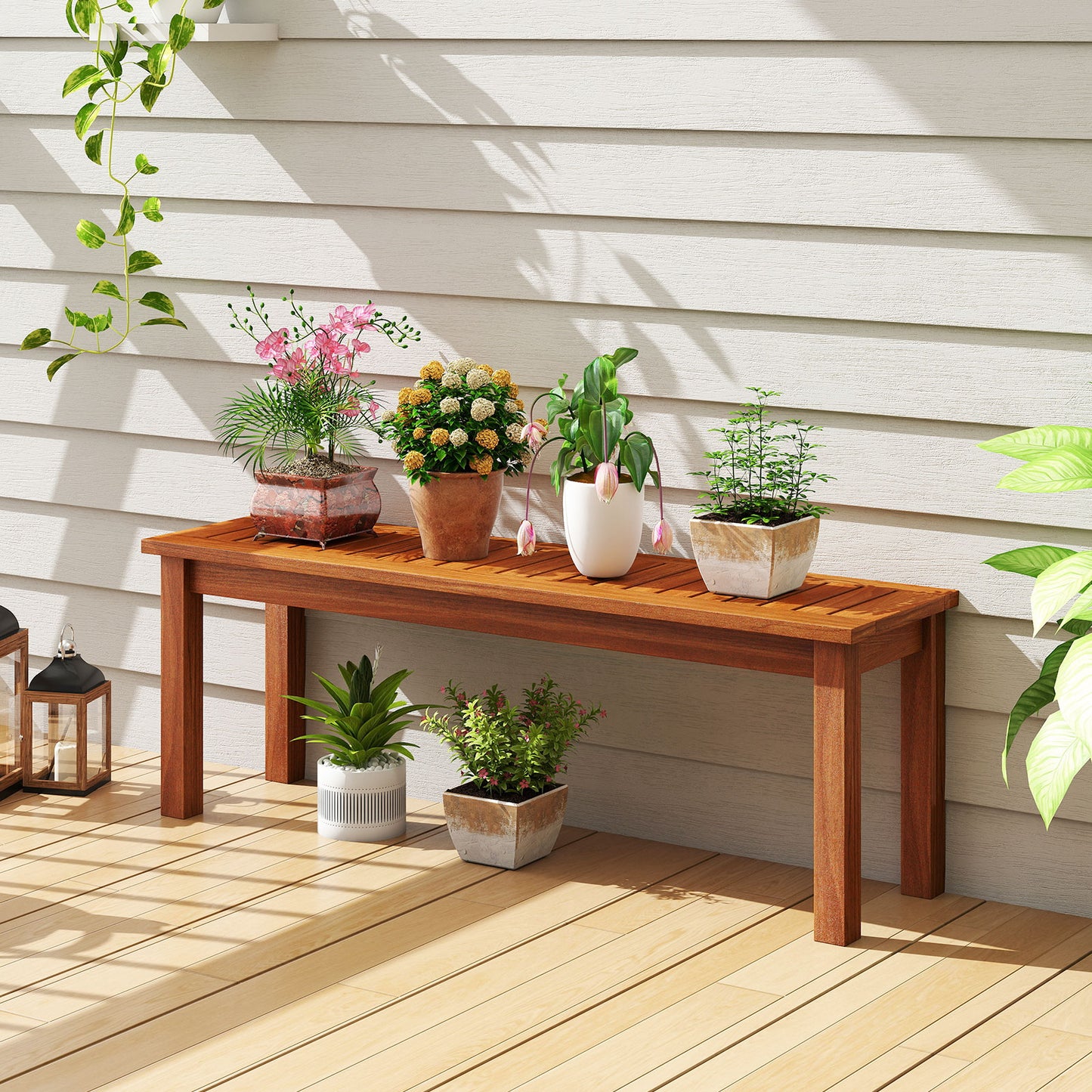 2-Person Backless Wood Bench for Outdoor Patio & Garden