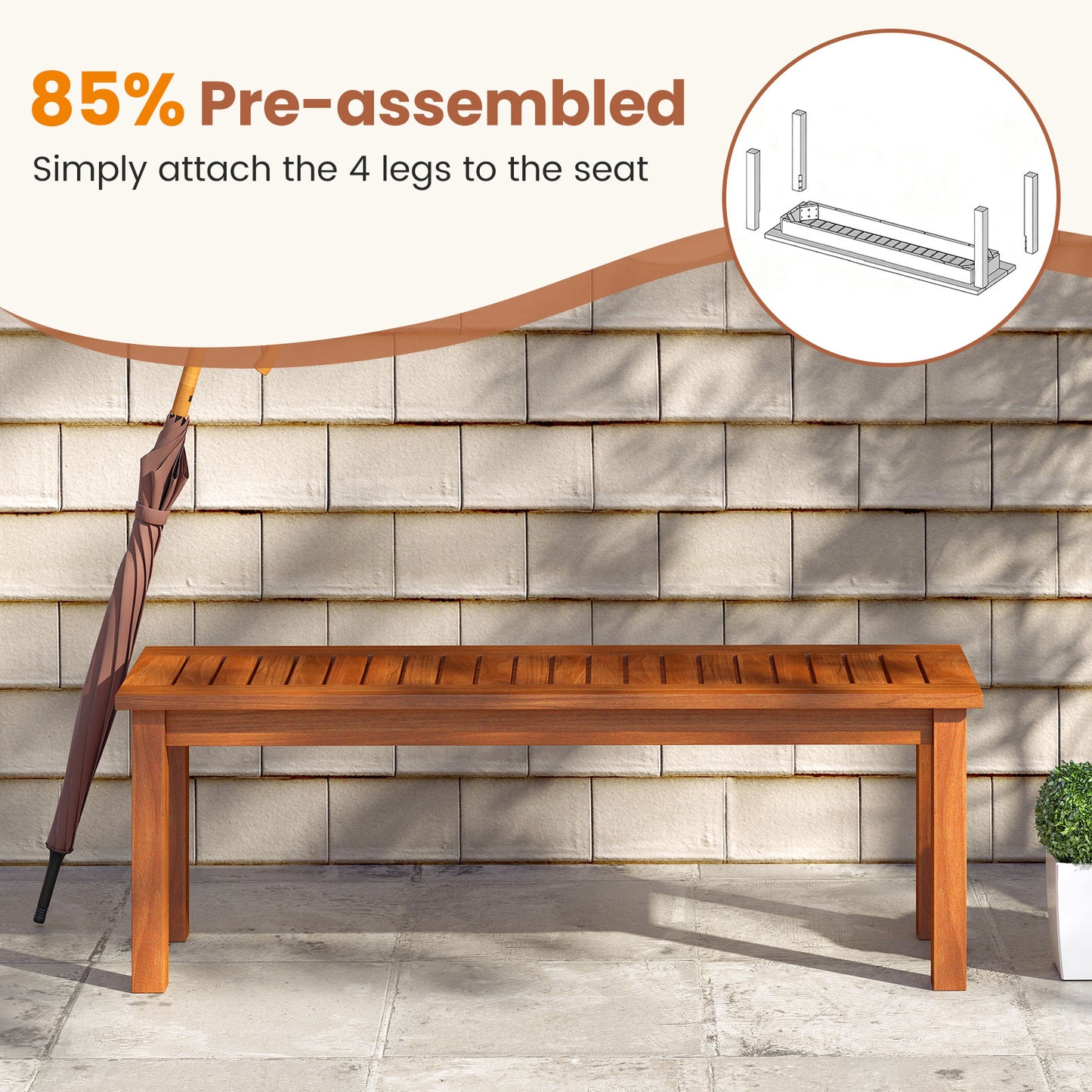 2-Person Backless Wood Bench for Outdoor Patio & Garden