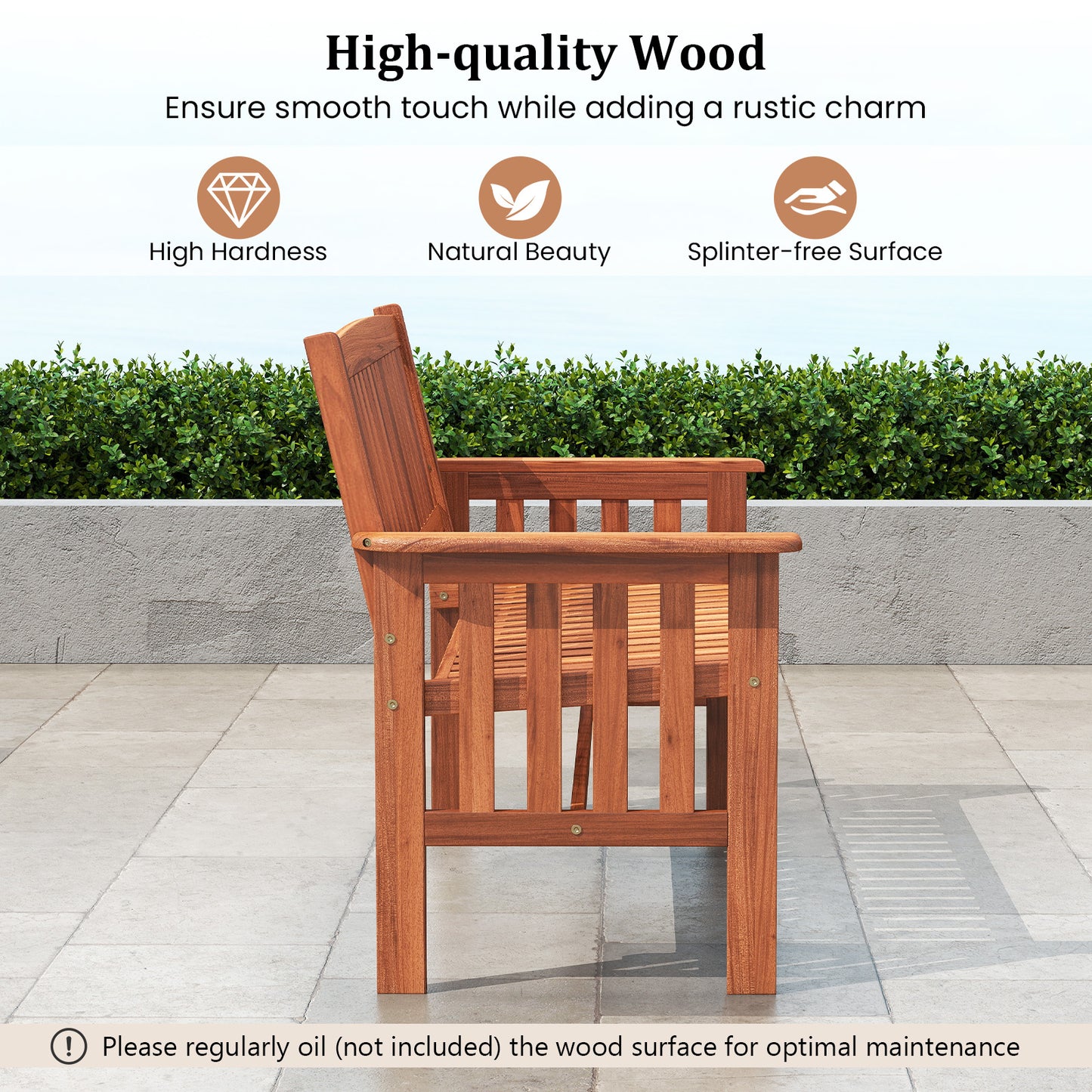 2-Person Wood Garden Bench with Backrest and Armrests