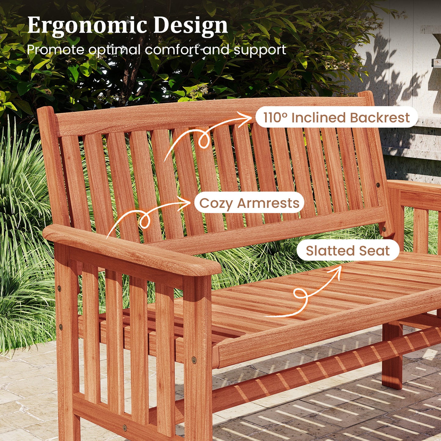 2-Person Wood Garden Bench with Backrest and Armrests