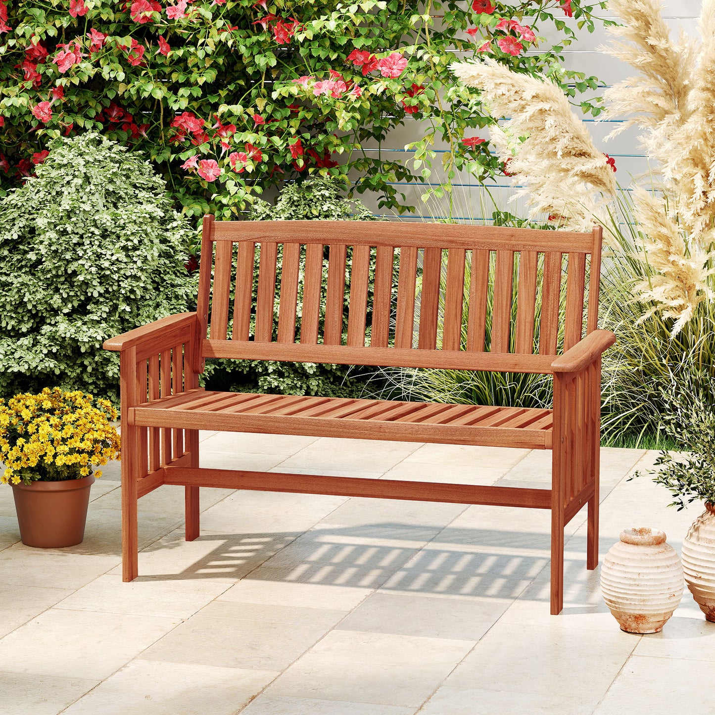 2-Person Wood Garden Bench with Backrest and Armrests