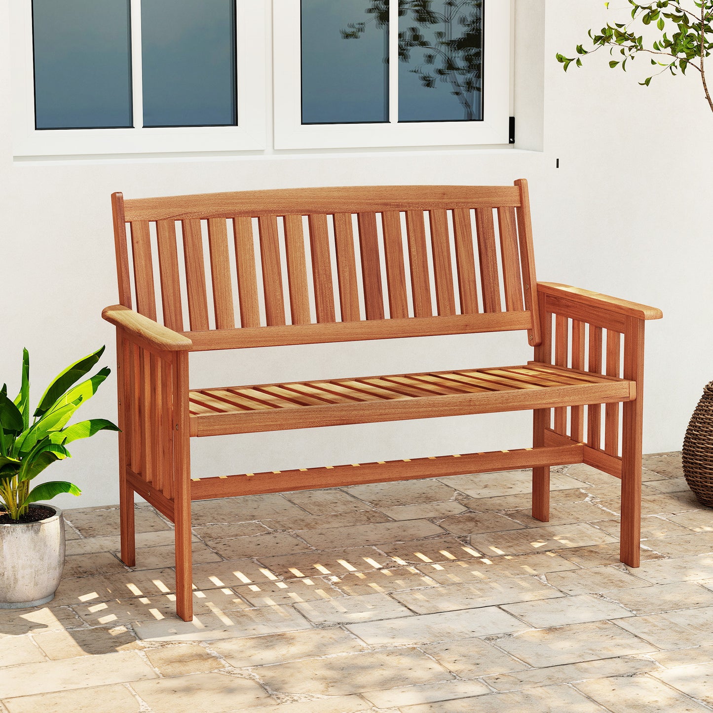 2-Person Wood Garden Bench with Backrest and Armrests
