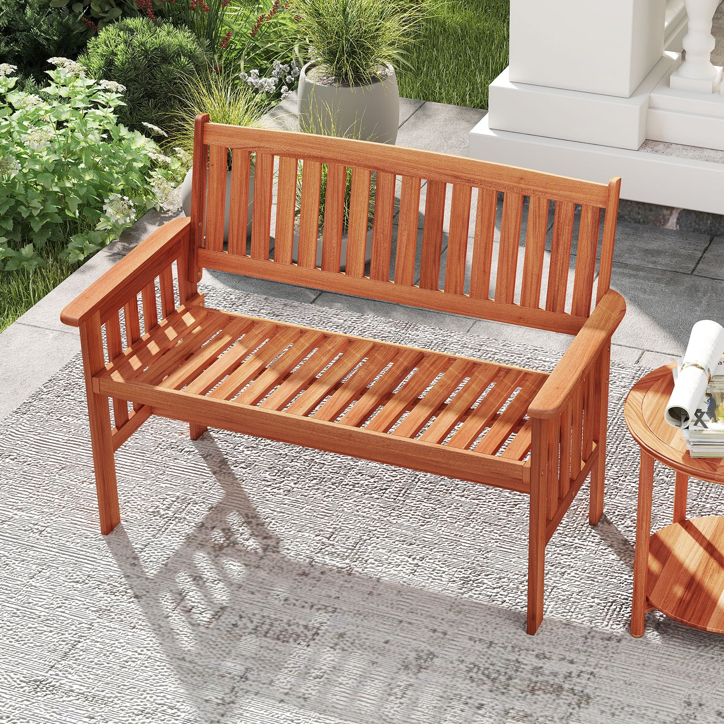 2-Person Wood Garden Bench with Backrest and Armrests