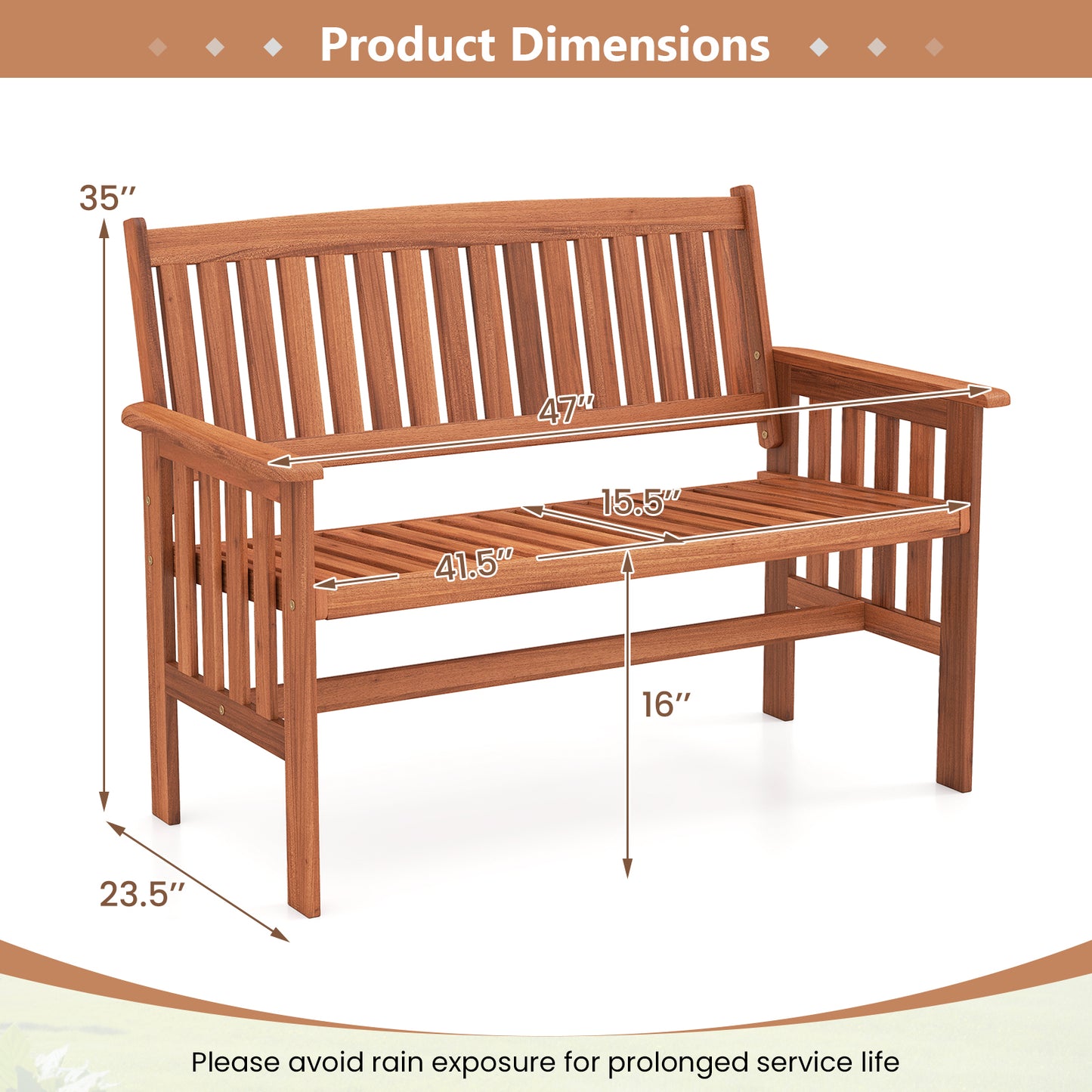 2-Person Wood Garden Bench with Backrest and Armrests