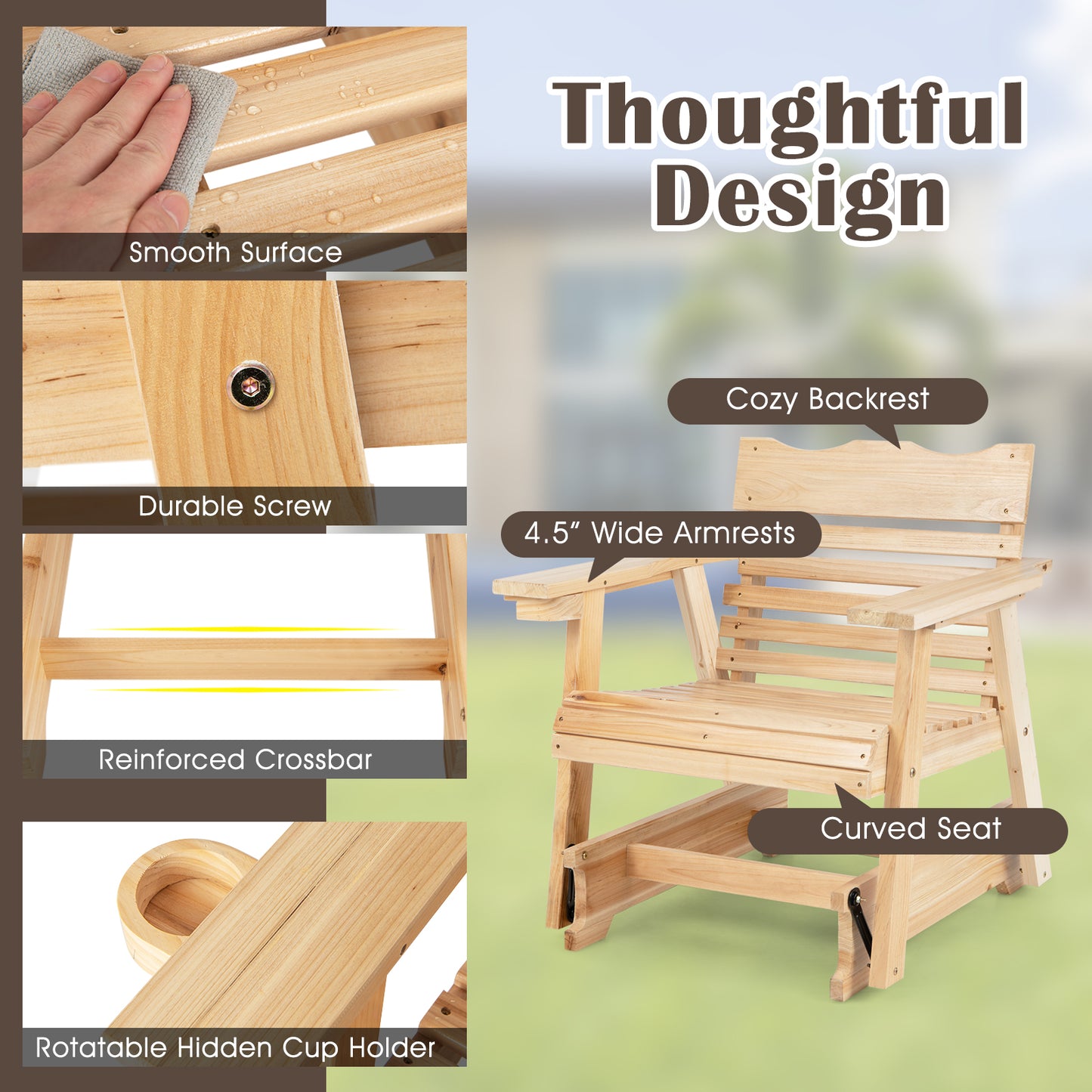 Wood Rocking Chair with High Back and Wide Armrests