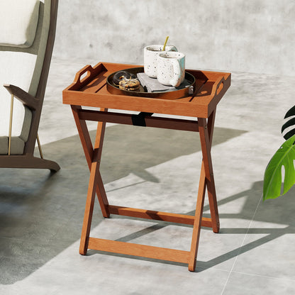 Outdoor Wood Tray Table Portable Side End Table with Folding Frame