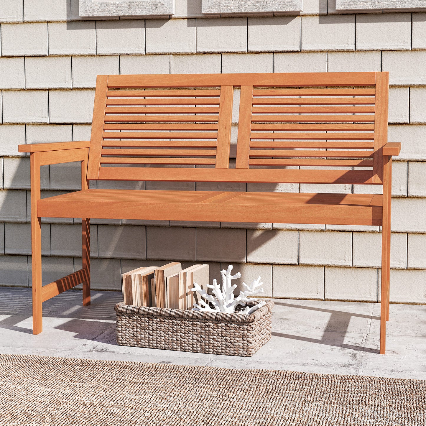 2-Person Wooden Outdoor Bench with Slatted Backrest