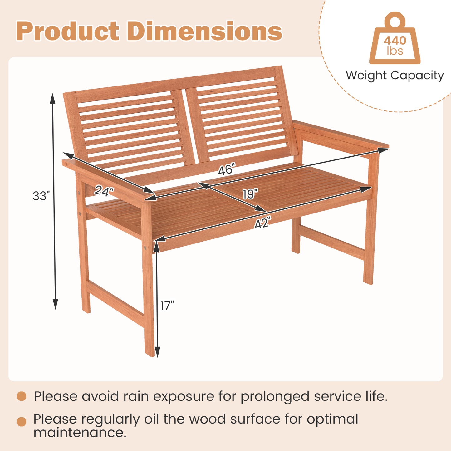 2-Person Wooden Outdoor Bench with Slatted Backrest