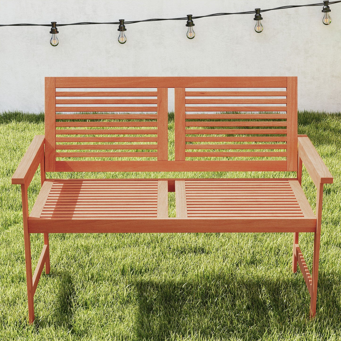 2-Person Wooden Outdoor Bench with Slatted Backrest