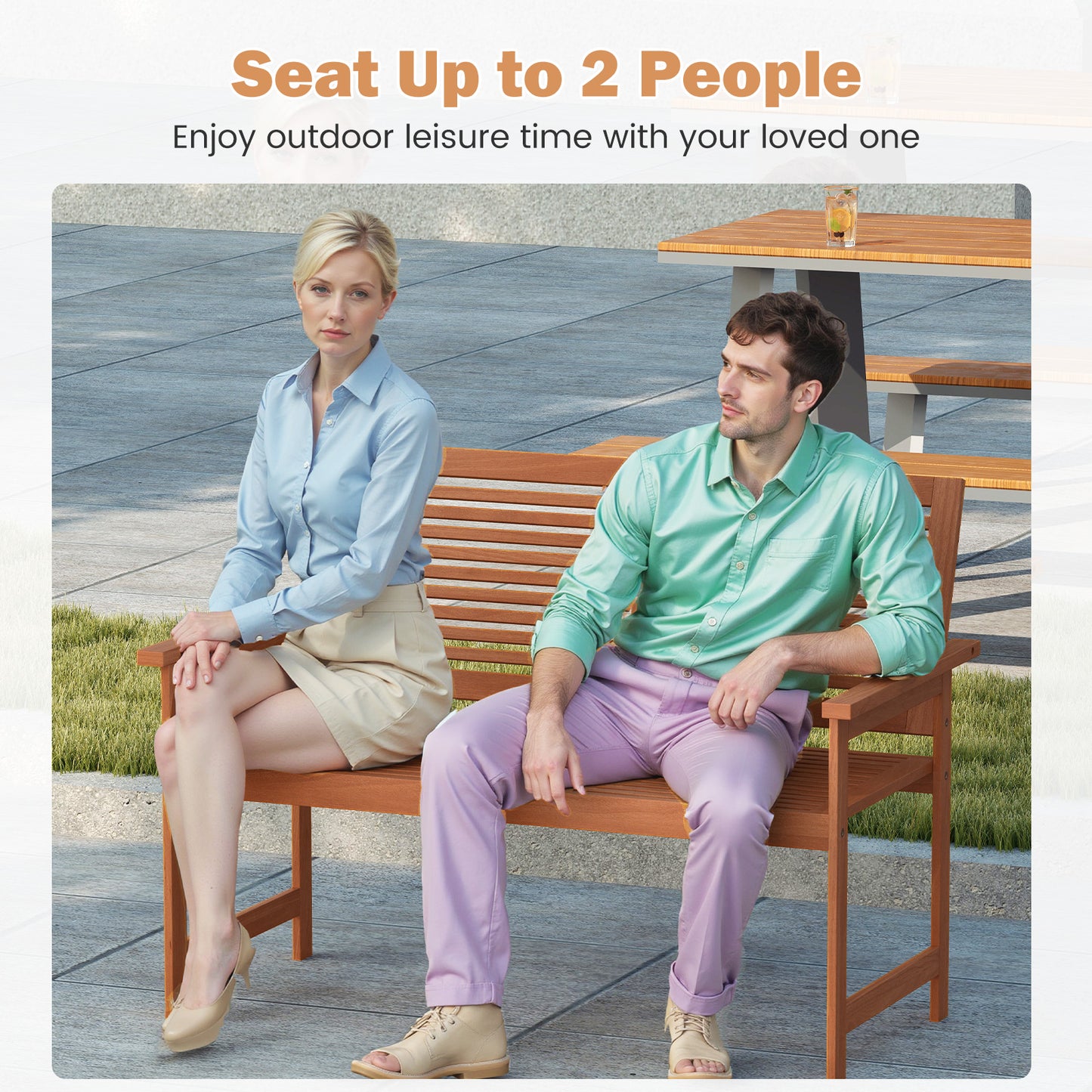 2-Person Wooden Outdoor Bench with Slatted Backrest
