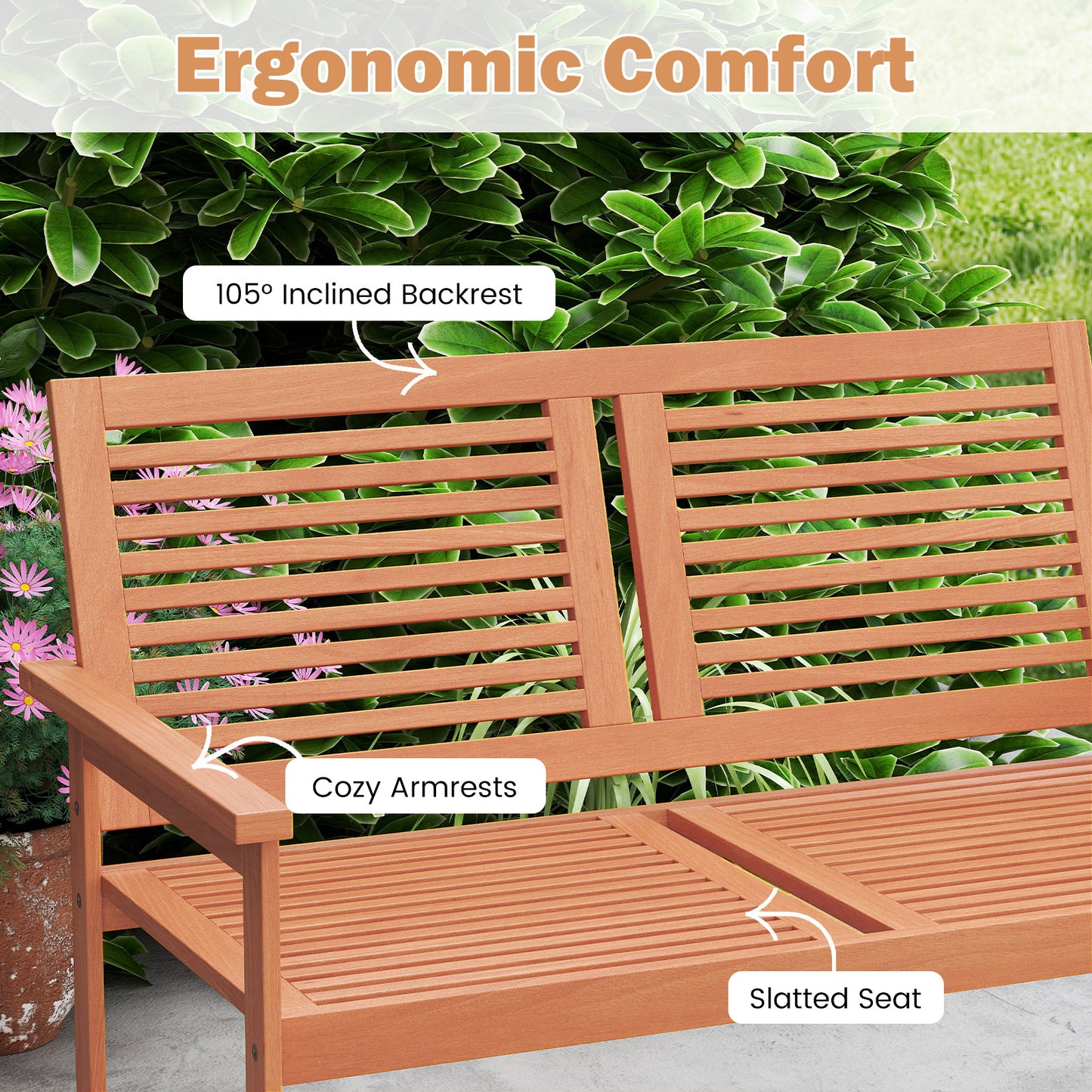 2-Person Wooden Outdoor Bench with Slatted Backrest