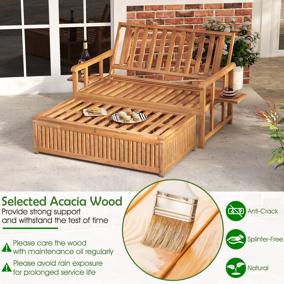 Outdoor Wooden Daybed with 4-Level Backrest and Removable Cushions-White