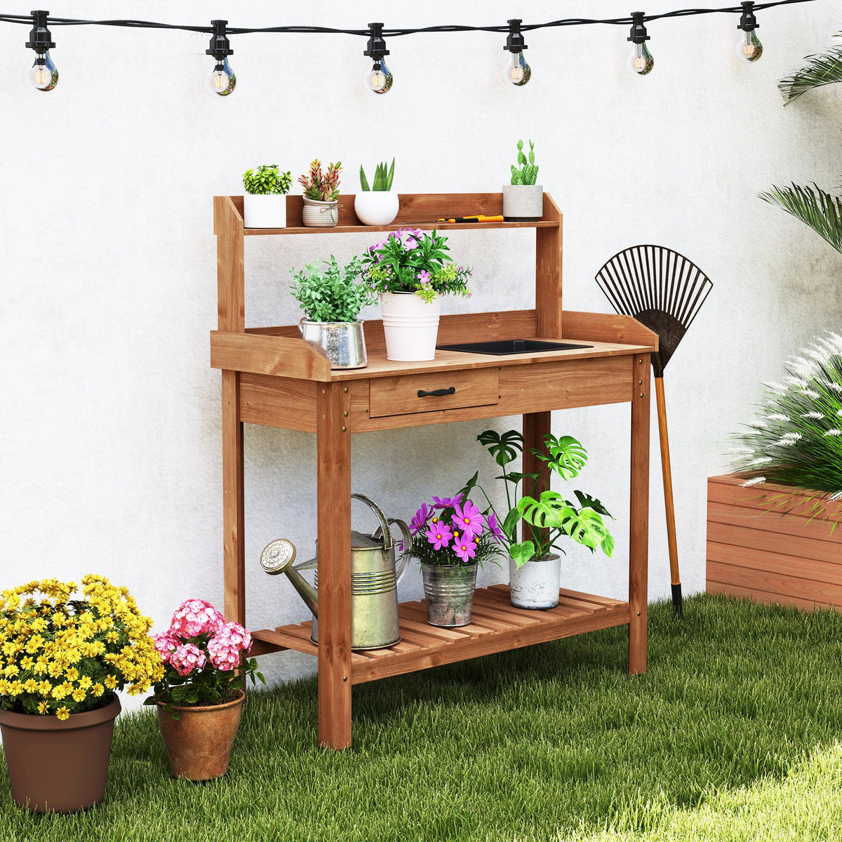 Outdoor Wooden Garden Table Work Station with Storage Shelves and Drawer-Coffee
