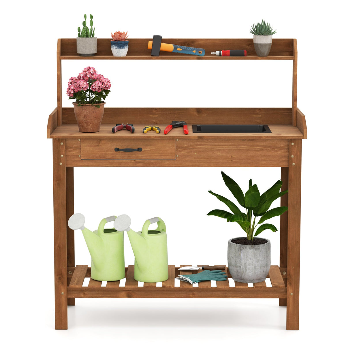 Outdoor Wooden Garden Table Work Station with Storage Shelves and Drawer-Coffee