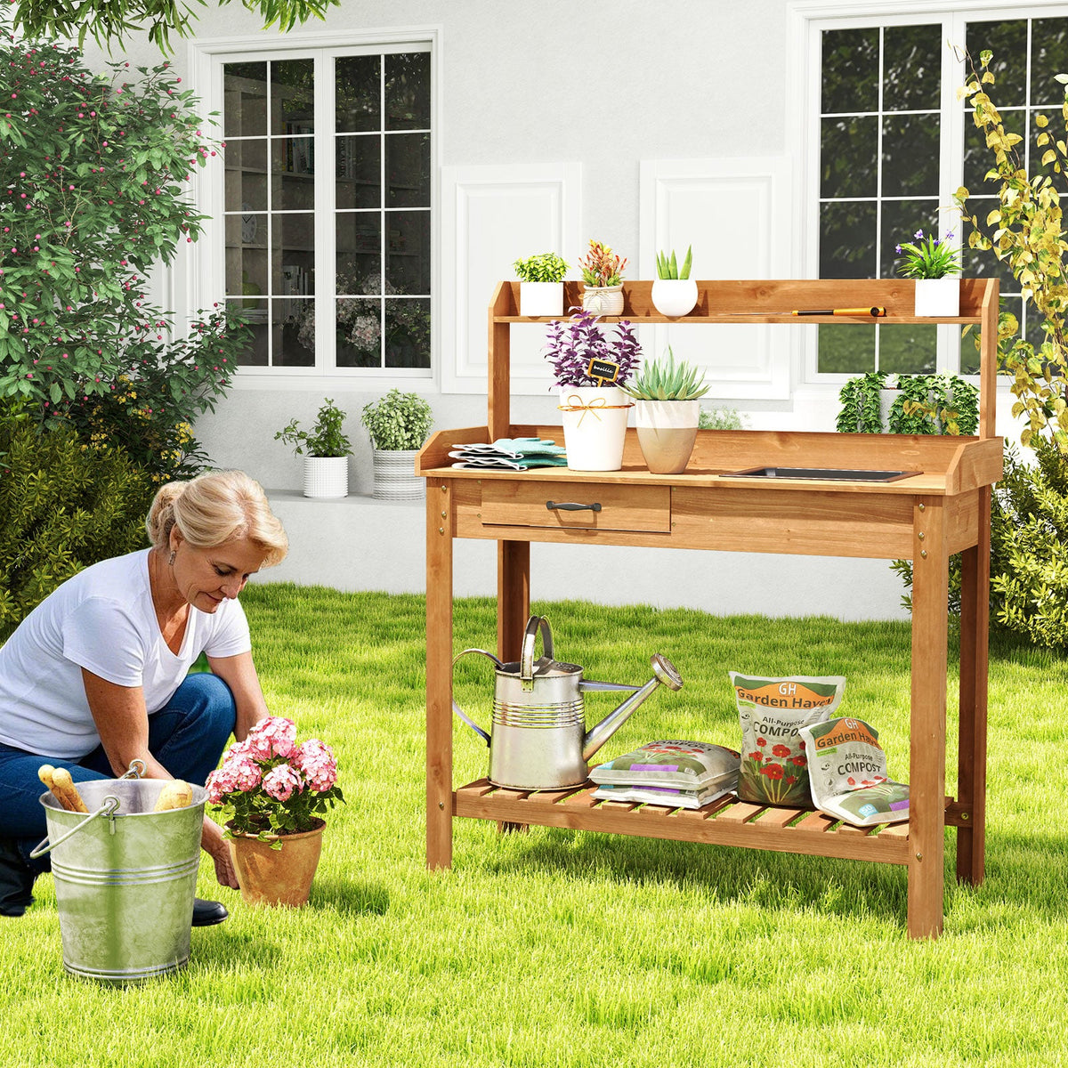 Outdoor Wooden Garden Table Work Station with Storage Shelves and Drawer-Coffee