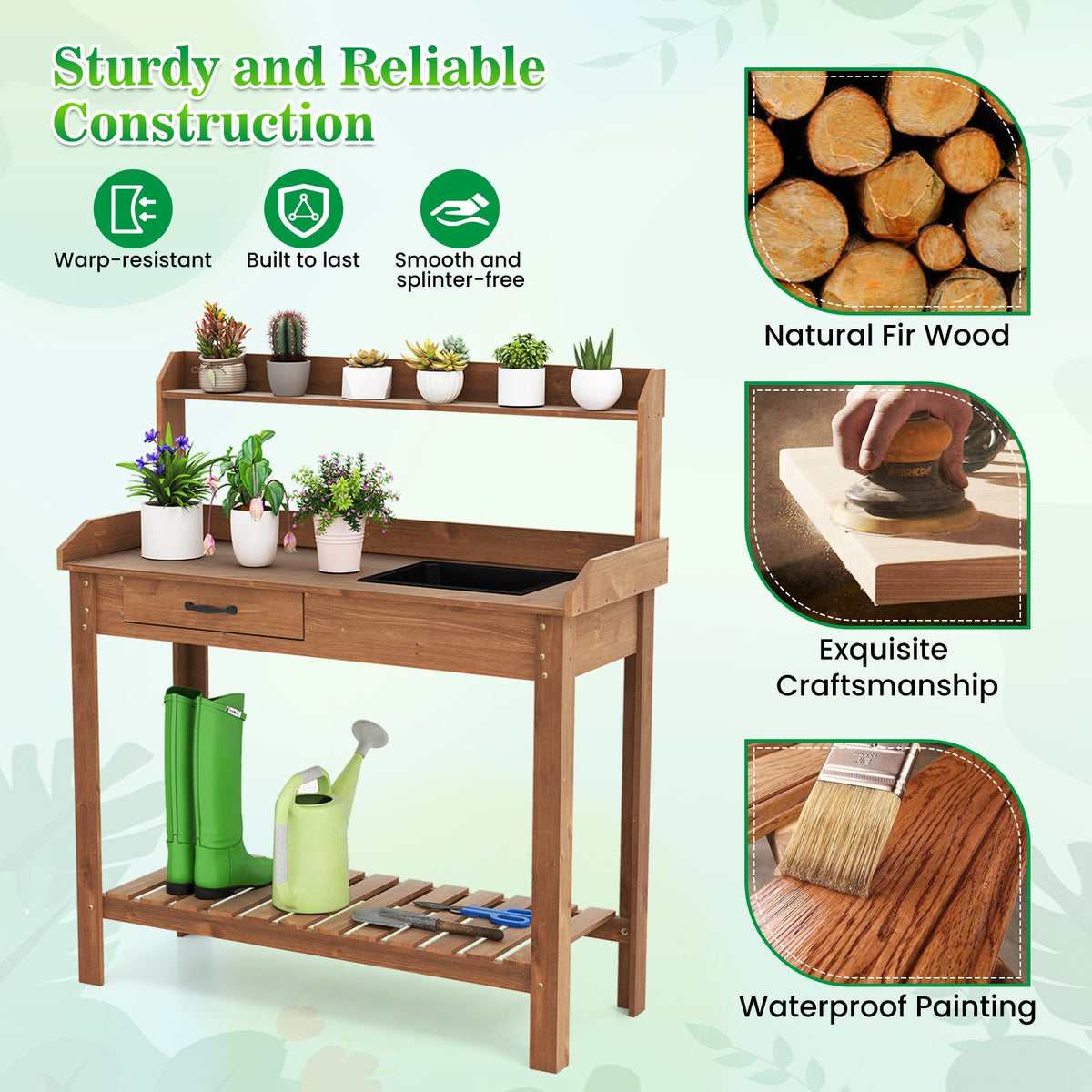 Outdoor Wooden Garden Table Work Station with Storage Shelves and Drawer-Coffee