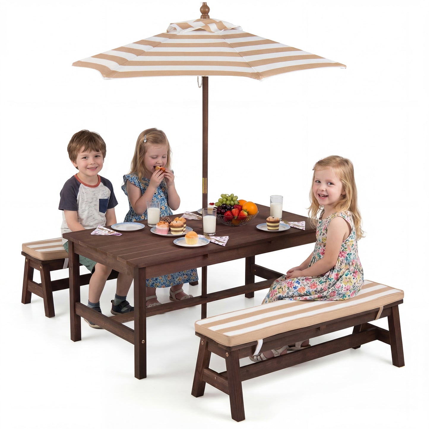 Kids Picnic Table with Umbrella and Cushions - Outdoor Wood