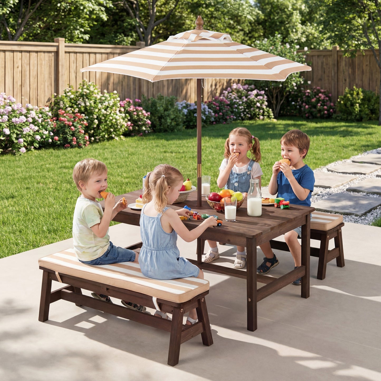 Kids Picnic Table with Umbrella and Cushions - Outdoor Wood
