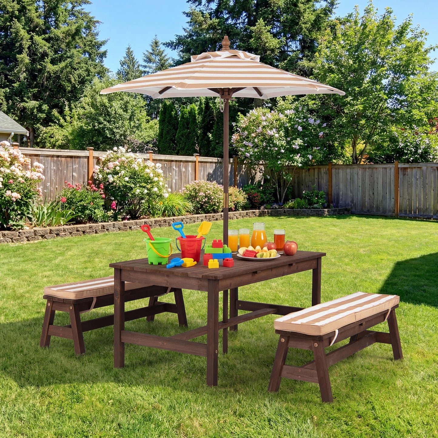 Kids Picnic Table with Umbrella and Cushions - Outdoor Wood