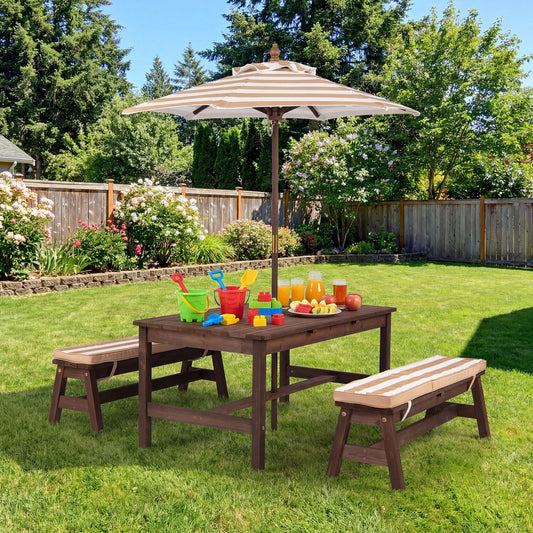 Kids Picnic Table with Umbrella and Cushions - Outdoor Wood