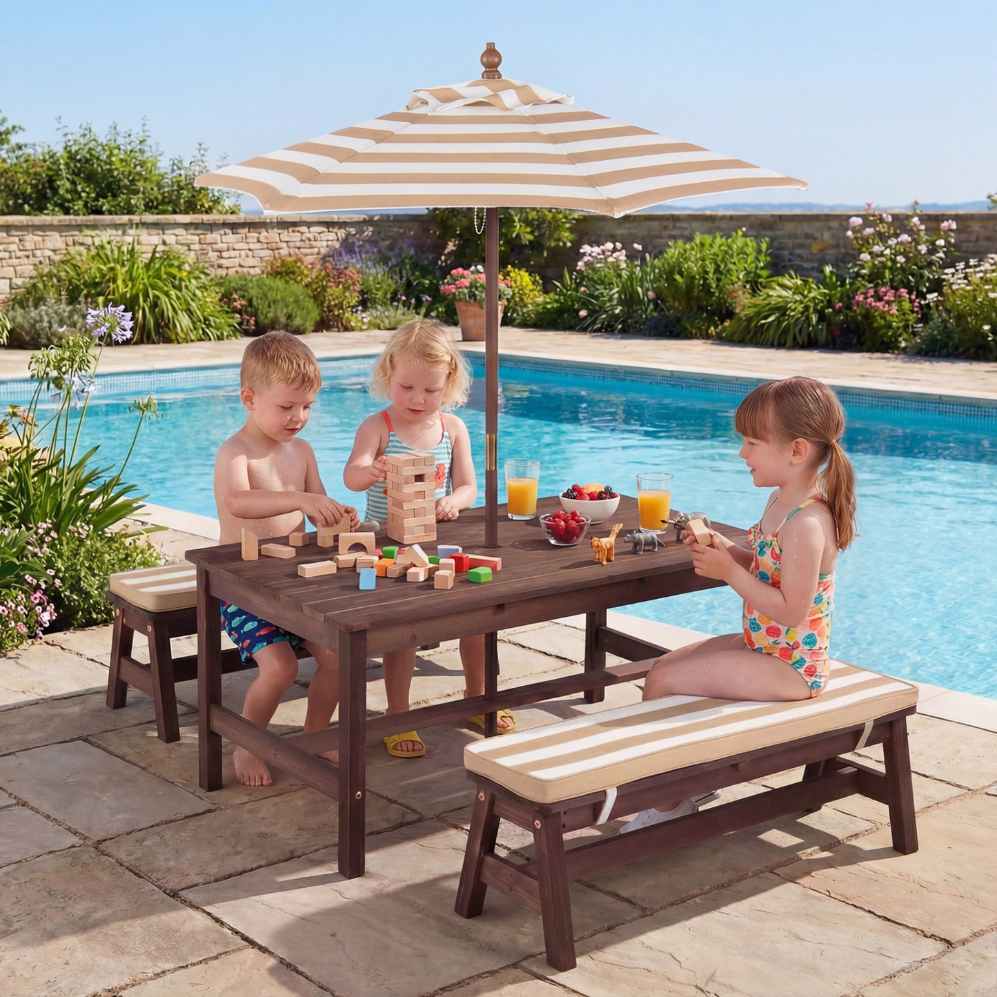 Kids Picnic Table with Umbrella and Cushions - Outdoor Wood