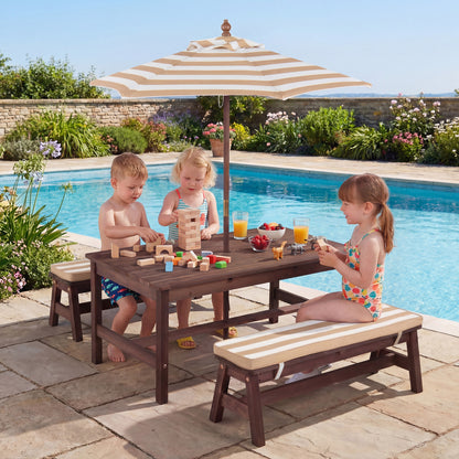 Kids Picnic Table with Umbrella and Cushions - Outdoor Wood