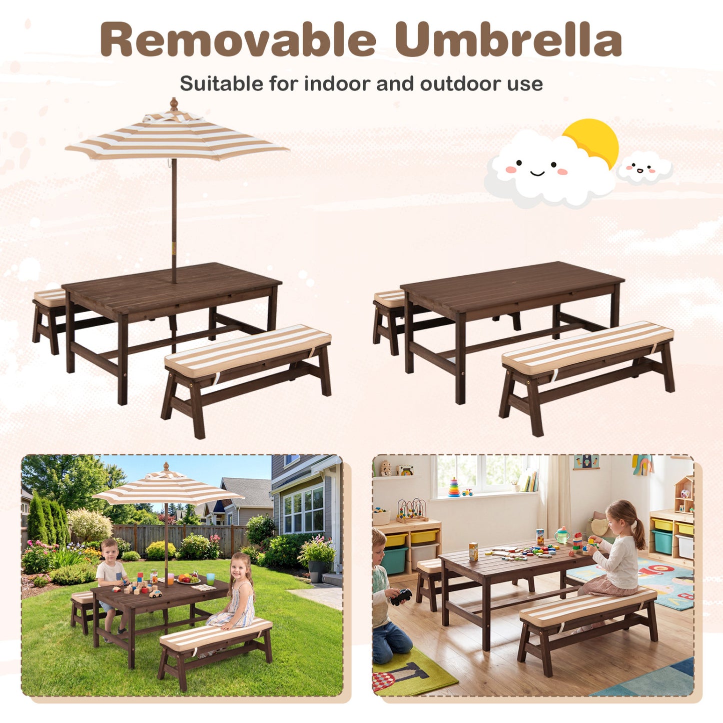 Kids Picnic Table with Umbrella and Cushions - Outdoor Wood