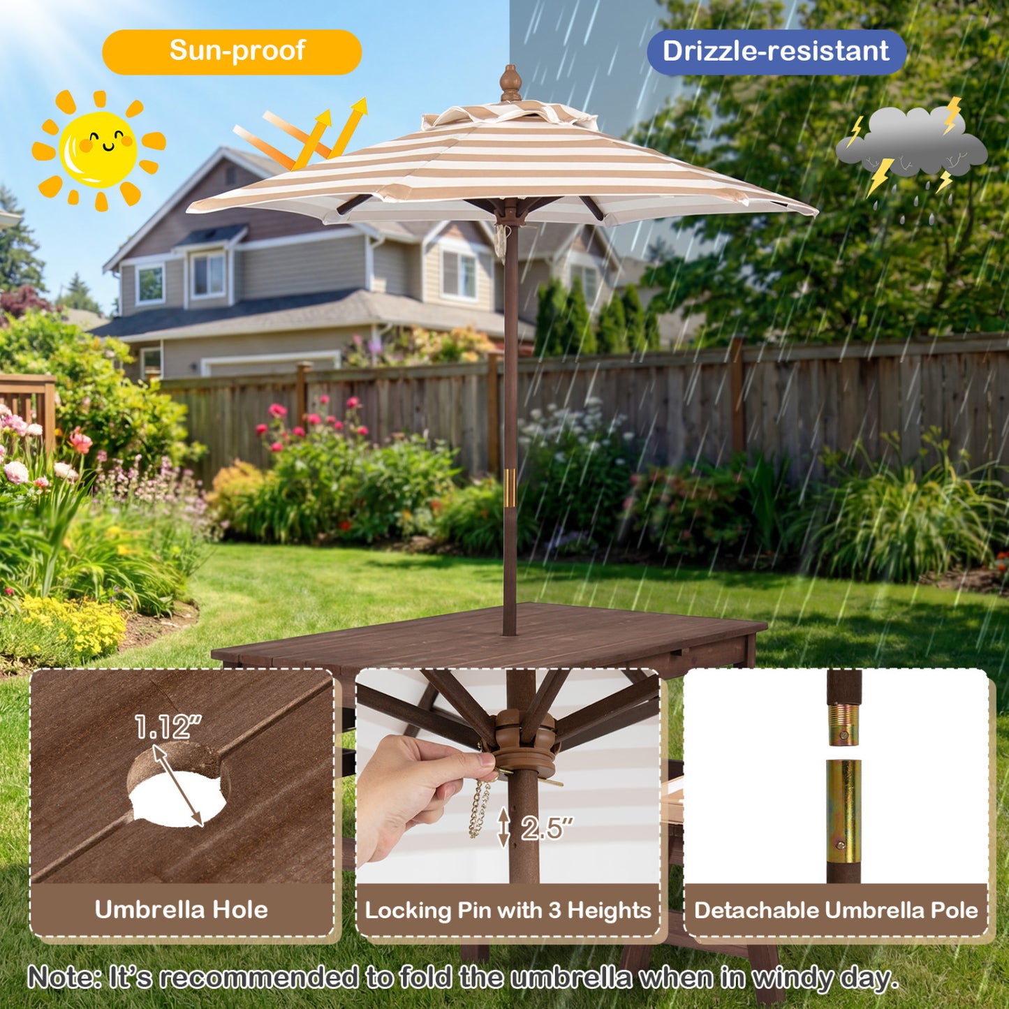 Kids Picnic Table with Umbrella and Cushions - Outdoor Wood