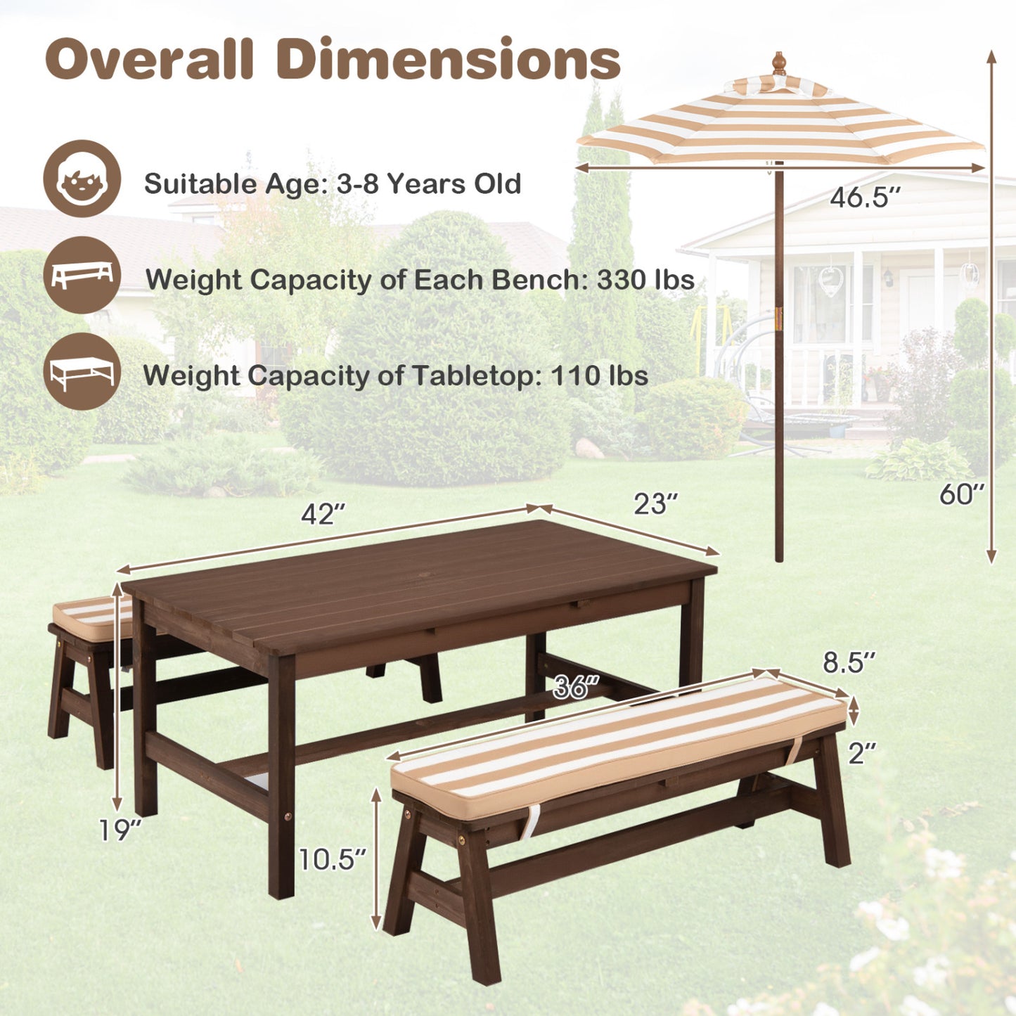 Kids Picnic Table with Umbrella and Cushions - Outdoor Wood