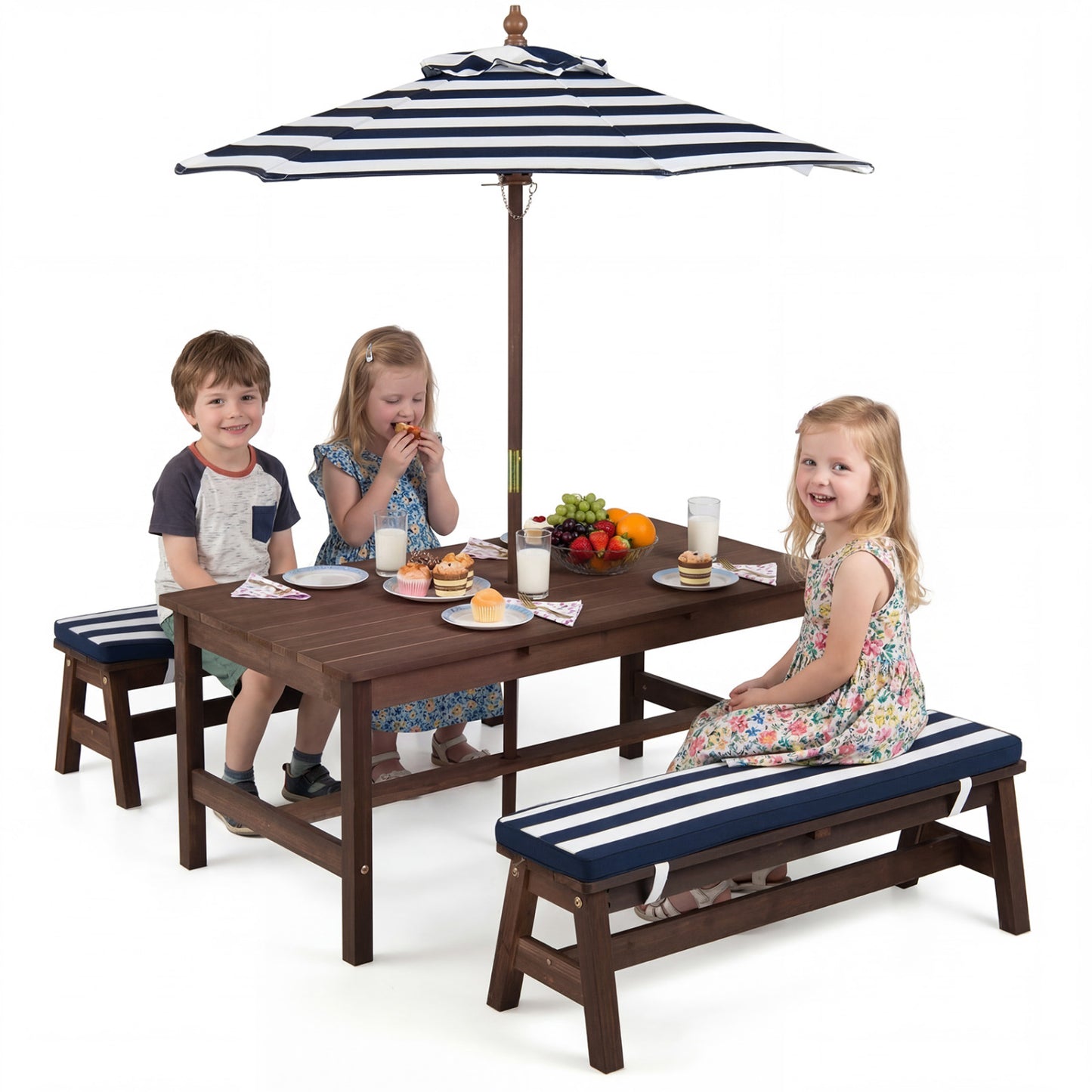 Kids Picnic Table with Umbrella and Cushions - Outdoor Wood