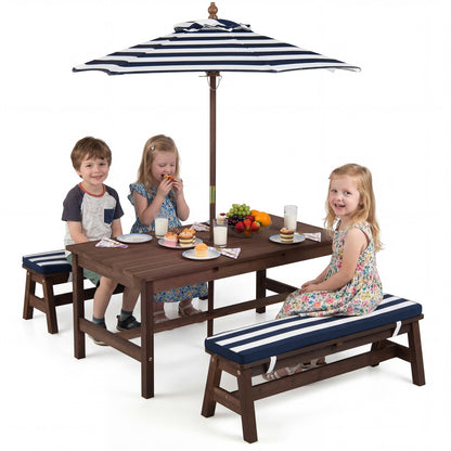 Kids Picnic Table with Umbrella and Cushions - Outdoor Wood