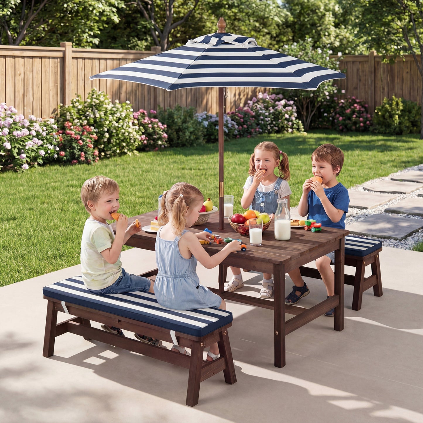 Kids Picnic Table with Umbrella and Cushions - Outdoor Wood
