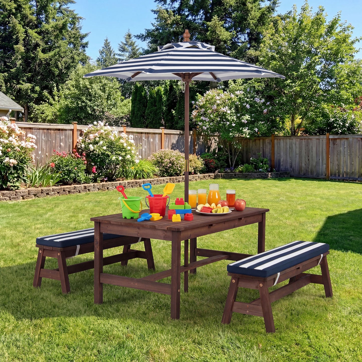 Kids Picnic Table with Umbrella and Cushions - Outdoor Wood