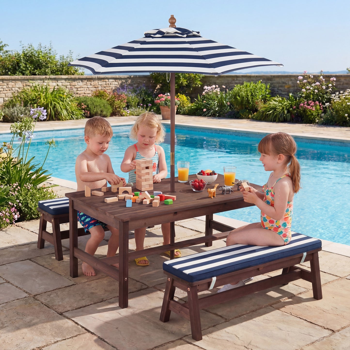Kids Picnic Table with Umbrella and Cushions - Outdoor Wood