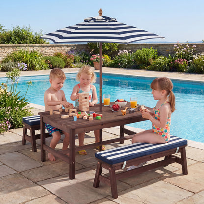 Kids Picnic Table with Umbrella and Cushions - Outdoor Wood