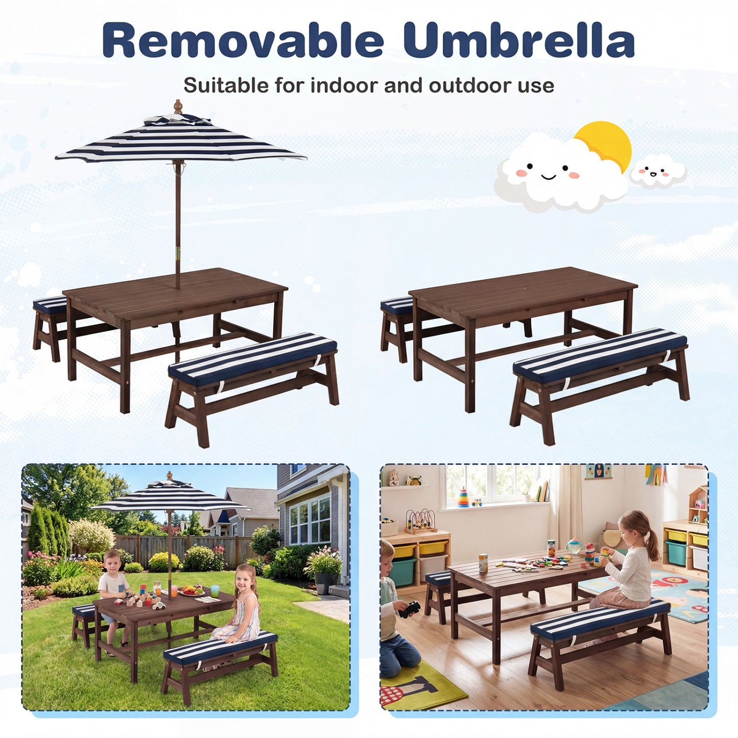 Kids Picnic Table with Umbrella and Cushions - Outdoor Wood