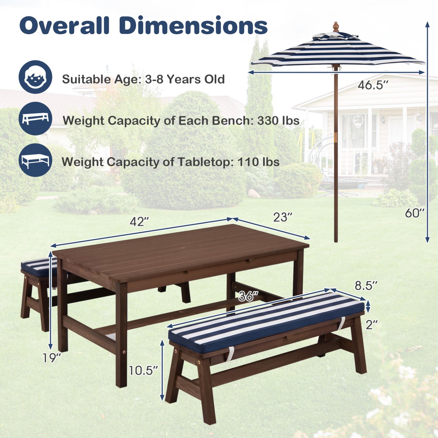 Kids Picnic Table with Umbrella and Cushions - Outdoor Wood