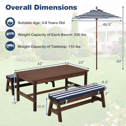 Kids Picnic Table with Umbrella and Cushions - Outdoor Wood