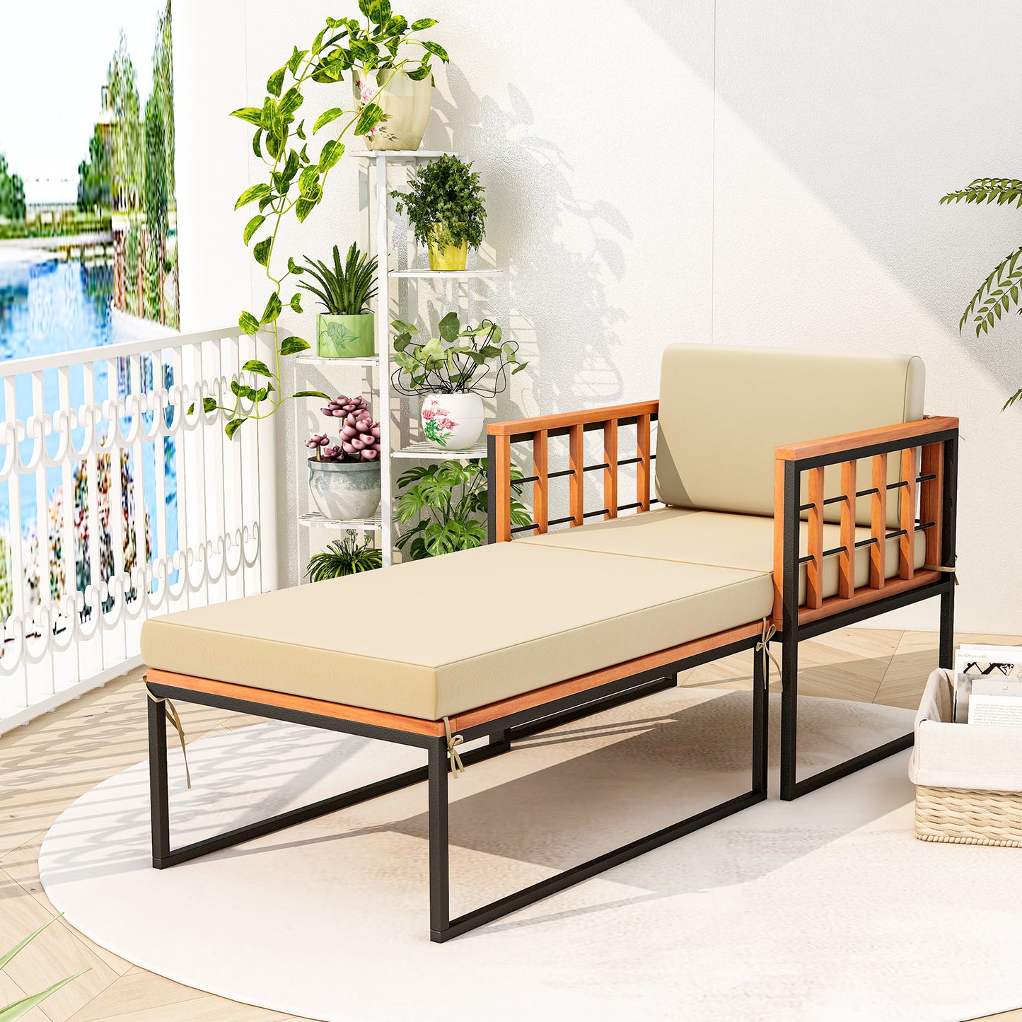 Acacia Wood Armchair with Ottoman and Beige Cushions