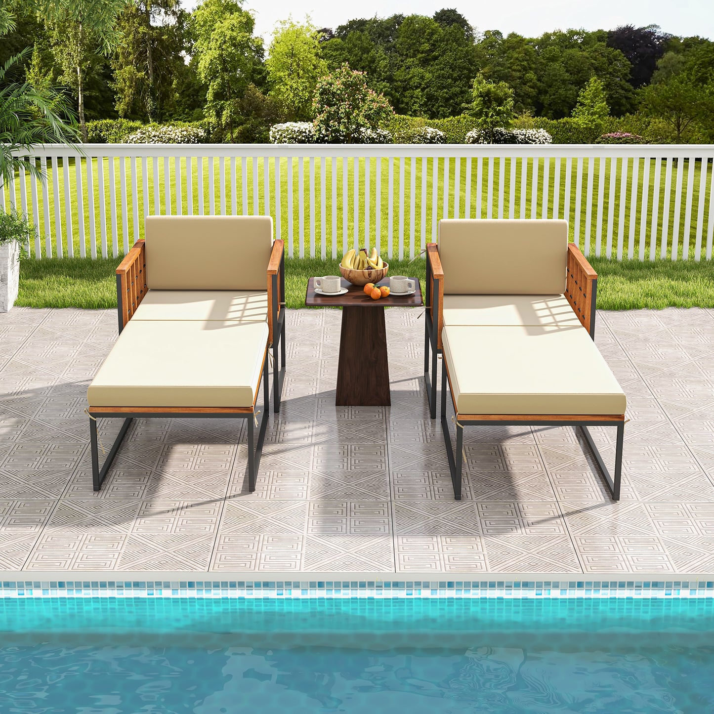 Acacia Wood Armchair with Ottoman and Beige Cushions
