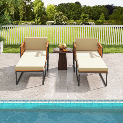 Acacia Wood Armchair with Ottoman and Beige Cushions