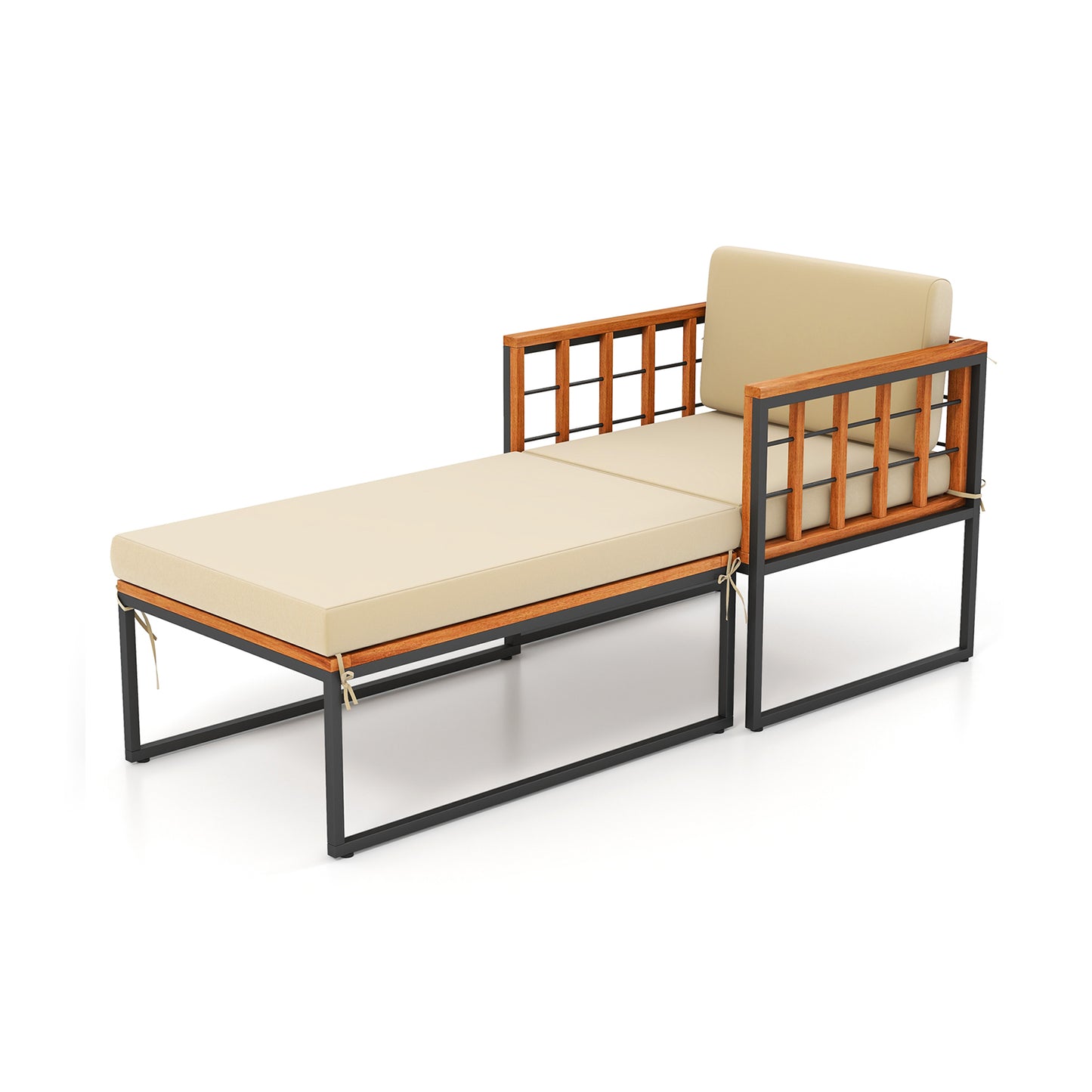 Acacia Wood Armchair with Ottoman and Beige Cushions