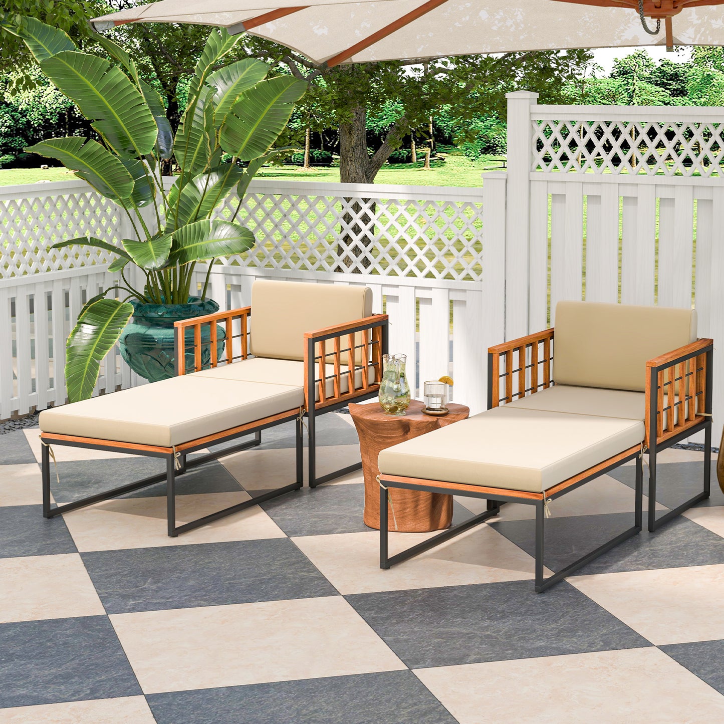 Acacia Wood Armchair with Ottoman and Beige Cushions