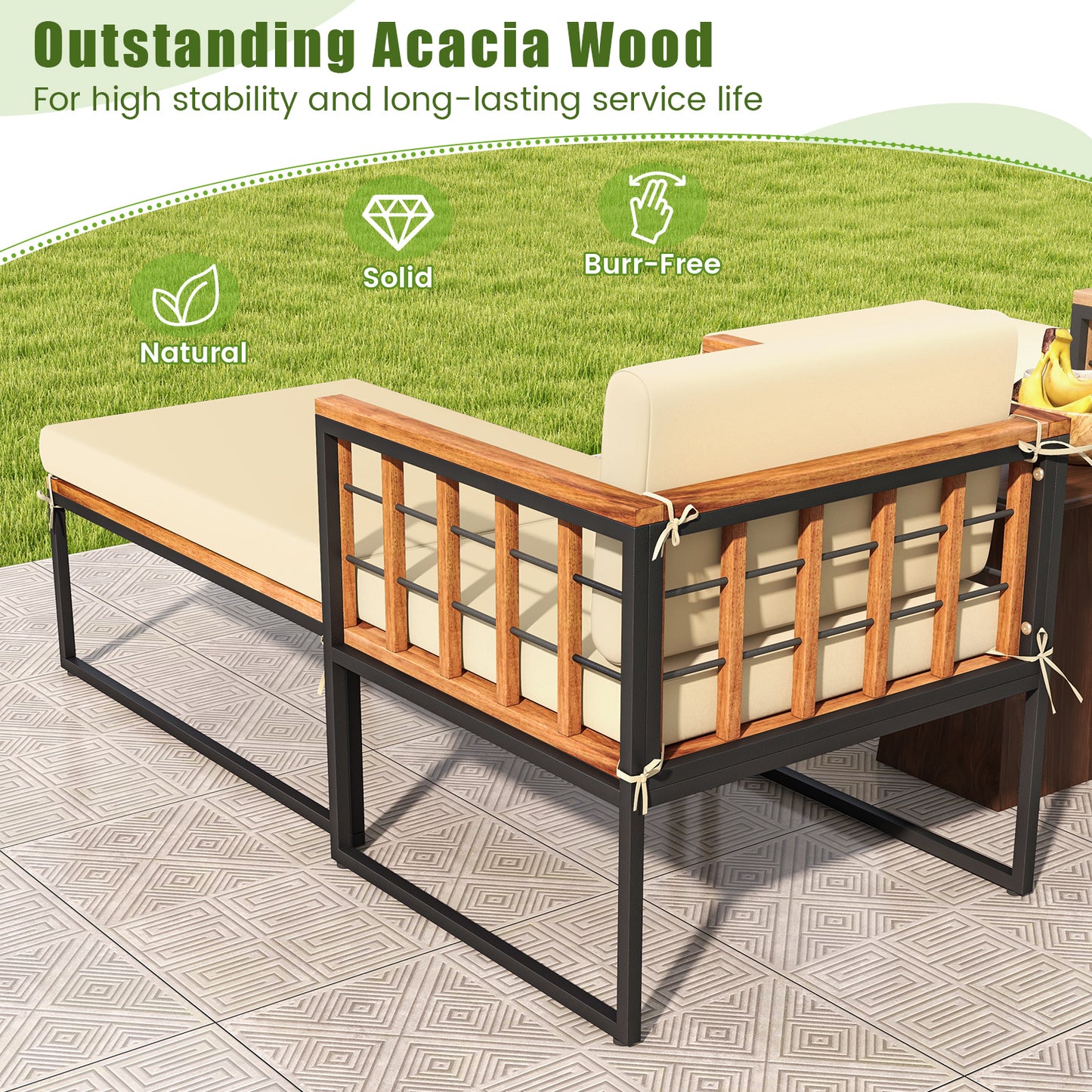 Acacia Wood Armchair with Ottoman and Beige Cushions