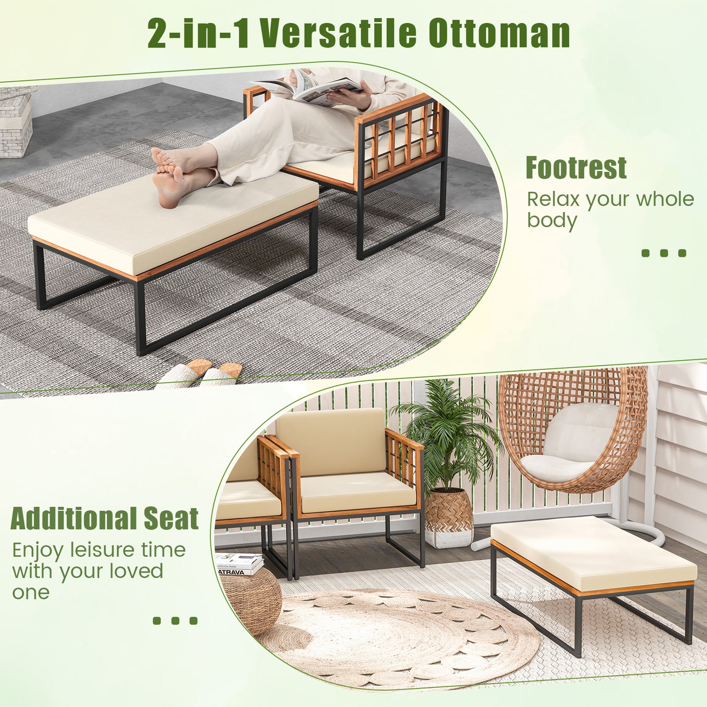 Acacia Wood Armchair with Ottoman and Beige Cushions