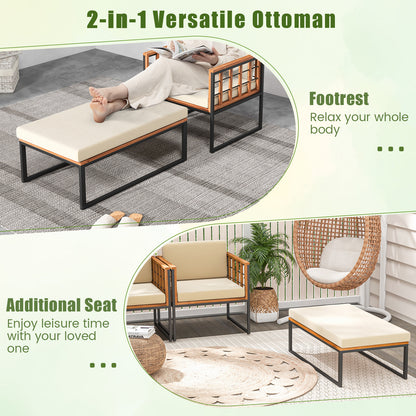 Acacia Wood Armchair with Ottoman and Beige Cushions