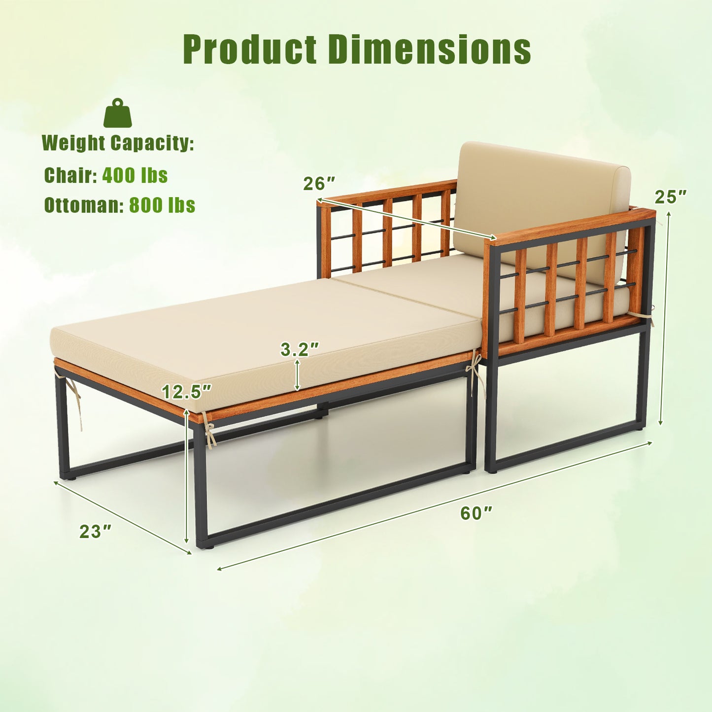 Acacia Wood Armchair with Ottoman and Beige Cushions